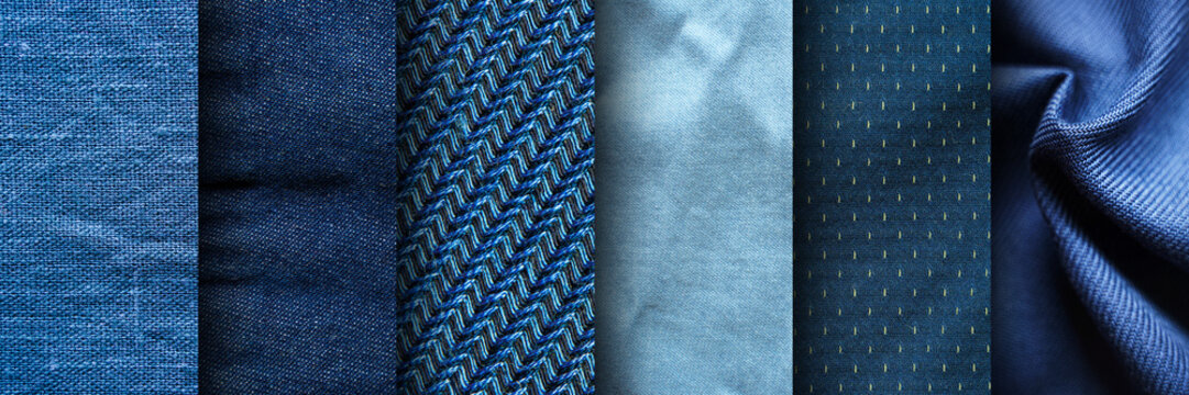 Collage of blue fabric textures. Blue Fabric Set