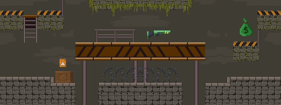 Pixel art military shooting objects for game vector illustration. Template of underground tunnel with stairs and obstacles flat style design. Computer games concept