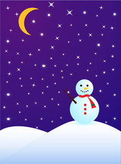 Fototapeta premium On the eve of Christmas. Night landscape with snowdrifts, starry sky, moon and snowman. The atmosphere of the holiday. Vector illustration .Christmas card.