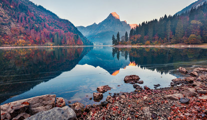 Stunning autumn view of Obersee lake, Nafels village location. Marvelous morning scene of Swiss...