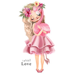 Cute girl in the pink dress with flamingo and flowers