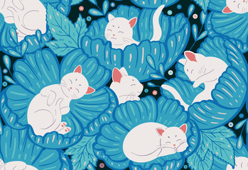 Seamless pattern with cats, blue flowers and gemstones 