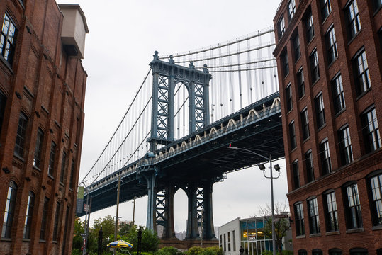 View of Manhattan Bridge and residential buildings, Dumbo, Brooklyn, New York City, New York State, United States
