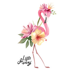 Cute flamingo princess with gold crown and tropical flowers, floral bouquet - 303647712