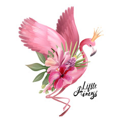 Cute flamingo princess with gold crown and tropical flowers, floral bouquet © creationsofanna