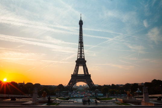 View of Eiffel Tower with cityscape at sunset Paris, France