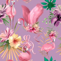 Beautiful tropical exotic floral seamless, tileable, watercolor pattern, background with pink flamingo birds