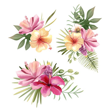 Beautiful tropical exotic flowers, floral bouquets, compositions, arrangement, wreaths watercolor illustration isolated on white