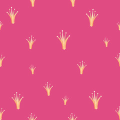 Fototapeta na wymiar Cute seamless pattern, tile with gold crowns on bright pink background
