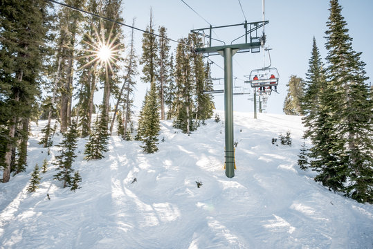 Ski slopes and lifts on a sunny day