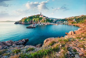 Sunny morning cityscape of Vrbnik town. Romantic summer seascape of Adriatic sea, Krk island,...