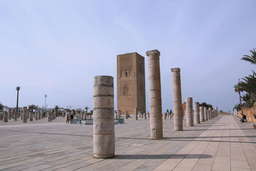 Maroc, les colones de volubilis sur l'esplanade de la tour hassan