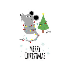Card with cute little mouse and Christmas tree. Greeting сard with funny rat decorate Christmas tree. Cute rat got confused in the garland. The symbol of the new year in the Chinese calendar. 2020.