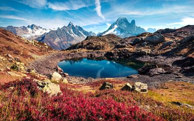 Superb autumn view of Chesery lake/Lac De Chesery, Chamonix location. Incredible outdoor scene of Vallon de Berard Nature Preserve, Graian Alps, France, Europe.