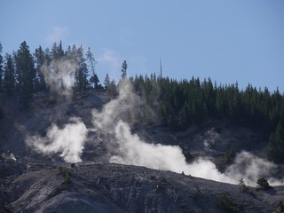 Fototapeta na wymiar Steam spews out from numerous fumaroles of the Roaring Mountain at Yellowstone National Park, Wyoming.