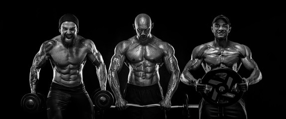 Three strong and fit men bodybuilders. Sporty muscular guys with barbell and dumbbells. Sport and...