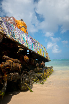 An abandoned tank with graffiti on Culebra island