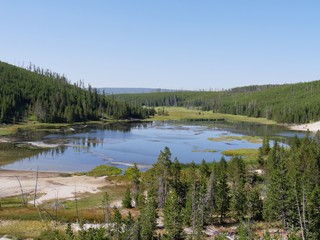 Fototapeta na wymiar Nymph Lake lies along the road north of Norris Geyser Basin in Yellowstone National Park.
