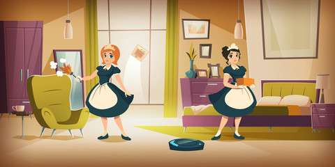 Bedroom interior with cleaning maids, home cleaning or hotel room service cartoon vector illustration. Interior with women in black dresses and white aprons with dusk whisk in hand and vacuum robot
