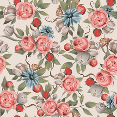 Beautiful floral seamless, tileable, watercolor pattern roses and peonies on beige background