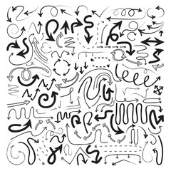 Hand-drawn arrows set on white background vector illustration. Collection consists of handsketched black pointers, design elements in different forms and size flat style concept
