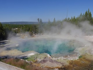 Breathtaking view of the boiling Emerald Spring with hot steam rising off at the Norris Geyser Basin at Yellowstone National Park, Wyoming.