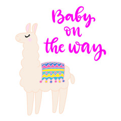 Baby on the way phrase with llama. Baby shower girl and boy invitation with hand drawn lettering. Template for birthday party card. Vector illustration.