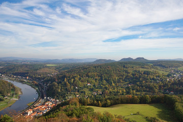 Fototapeta na wymiar View over the Königstein and the Elbe from the fortress Königstein