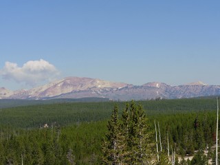 Scenic views of mountains and forests at Yellowstone National Park in Wyoming.