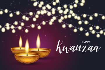 Happy Kwanzaa background design. Traditional holiday concept. Garland, black and pink backdrop, and white lettering. Vector illustration.