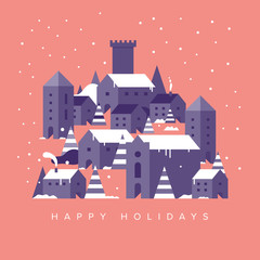 Christmas Card featuring illustration of an imaginary town during winter.