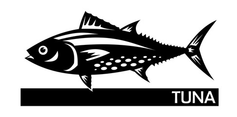 Tuna fish is a species of mackerel. Tunny. Thunnus. Fish for labels, logo, packaging. Fishing for tuna. Atlantic or Pacific tuna. Family Scombridae. Oceanic. Tasty. Vector illustration. Isolated.