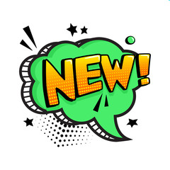 NEW. Green comic speech bubble isolated on white background. Comic sound effect, stars and halftone dots shadow in pop art style. Vector illustration