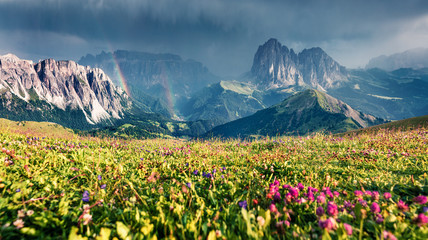 Fantastic summer view of Sassolungo (Langkofel) and Sella group, National Park Dolomites, South Tyrol, Italy, Europe. Splendid morning scene of Gardena valley, Dolomiti Alps. 