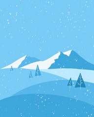 winter landscape with mountains and snow, flat design illustration