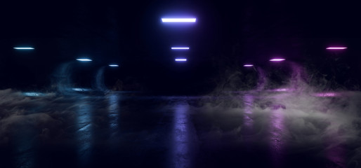 Dark Neon Glowing Purple Blue Laser Led Smoke Fog Steam Mist Oval Tunnel Corridor Garage Hallway Underground Cyber Virtual Empty Sci Fi Futuristic 3D Rendering