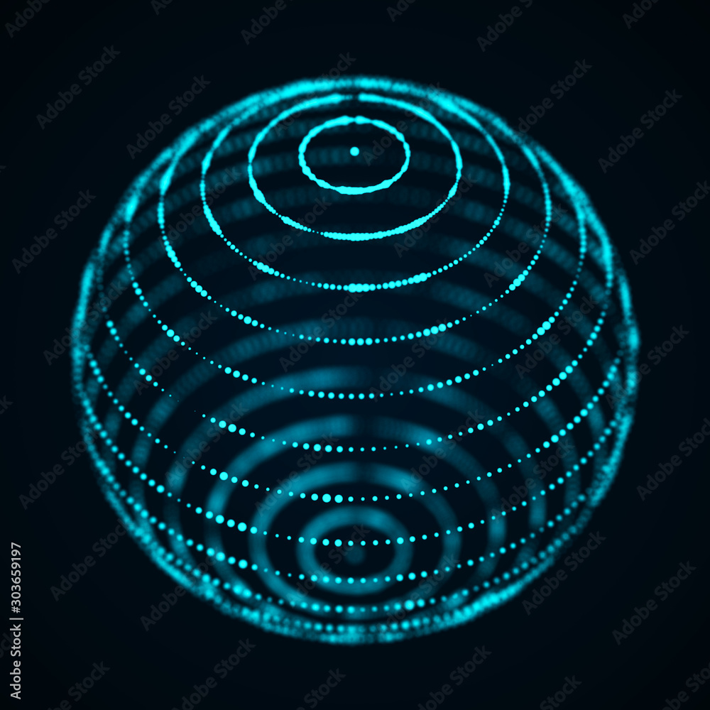 Poster 3d abstract sphere. Sphere particles on dark background. Science and technology. 3d rendering.