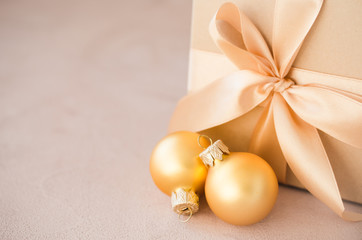 Christmas luxurious gift box with christmas balls. Elegant Christmas background.