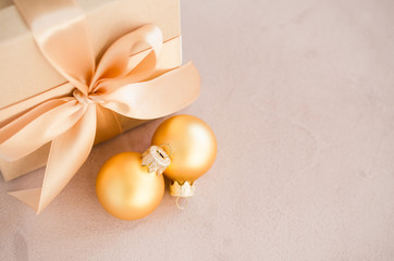Christmas luxurious gift box with christmas balls. Elegant Christmas background.
