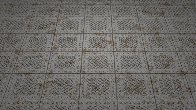 A first person point-of-view of walking over a rusty riveted steel plated metal floor.