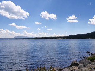 Wide view of Yellowstone Lake viewed from the road at Yellowstone National Park, Wyoming, USA.