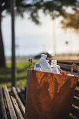 Naklejka premium Contaminación por plástico. Algunas botellas de plástico para reciclar.