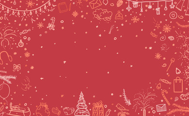 Fototapeta na wymiar Hand drawn christmas background. Abstract banner. Happy New Year. Sketchy background with holiday elements. Design for your business. Colorful illustration