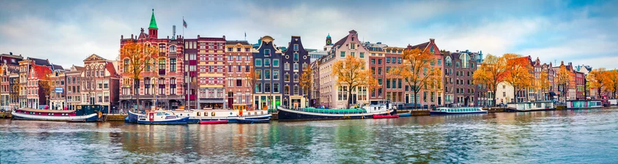 Peel and stick wall murals Salmon Panoramic autumn view of Amsterdam city. Famous Dutch channels and great cityscape. Colorful morning scene of Netherlands, Europe. Traveling concept background.