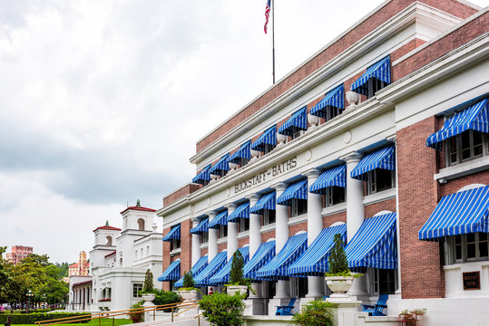 Hot Springs, USA - June 4, 2019: Historical Spa Bath House, Bathhouse Row With Buckstaff Baths Building, Natural Mineral Water