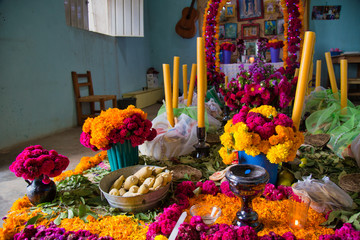 Puebla, Mexico - November 1st, 2019: An altar for Day of the Dead (Dia de Muertos) celebrations,...