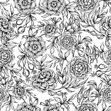 Roses Seamless pattern, background. Graphic drawing, engraving style. Vector illustration. In art nouveau style, vintage, old, retro style