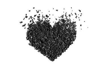 Pile of coal in shape of heart on white background, isolated, top view. Flat lay