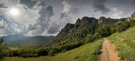 Fototapeta premium mountain landscape, path and flowers, trekking in the mountains