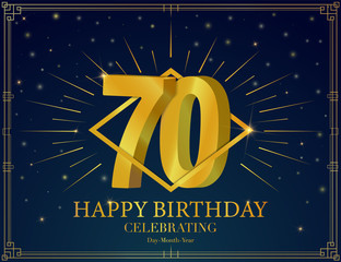 70 Happy birthday anniversary celebration greeting card. With Luxury golden frame, shiny sparkles. Vector 3d illustration background. Typography design poster, celebrating banner, invitation flyer